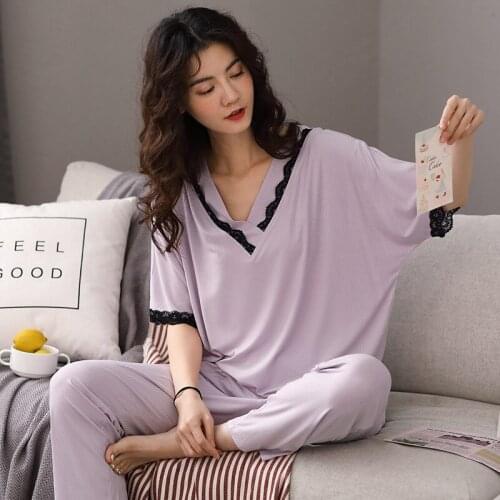 Solid Modal Lace Pajamas Sleepwear Women Summer Two Pieces Short Sleeve Long Trousers Pajamas Set Loose Ladies Home Clothings