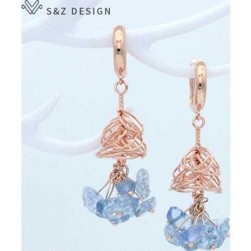 S&Z DESIGN Handmade Original Natural Stone Crystal Dangle Earrings Korean New Fashion 585 Rose Gold For Women Wedding Jewelry