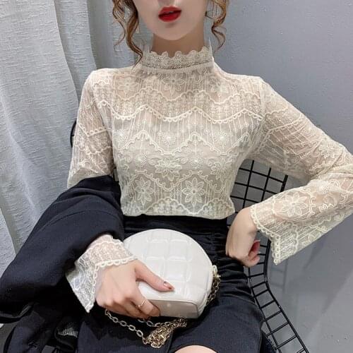 Make half a turtle neck lace top female long sleeve inside take autumn wear western style white gauze small unlined upper garmen