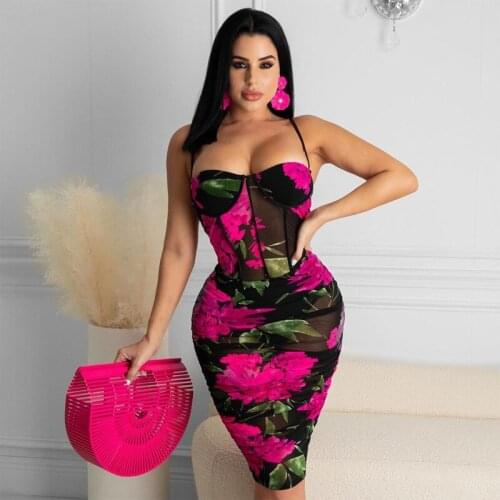 2021 Women Pencil Dress Summer Sleeveless Folds Ruched Rose Folower Print Wrap Sexy Slim Elegant Sheath High Waist Dresses