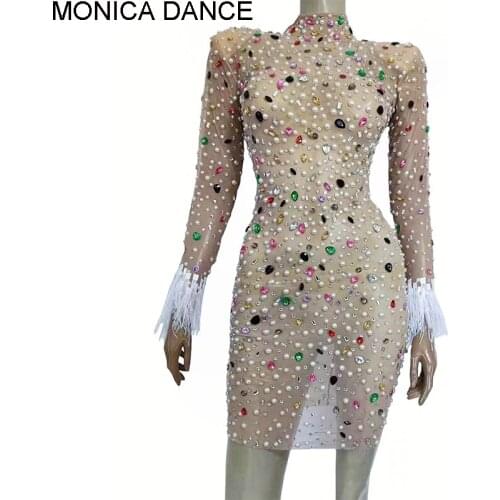 Women Sexy Stage Brightly Colorful Rhinestones Evening Dress Prom Crystals Stretch Mesh Dance Costume Birthday Collections