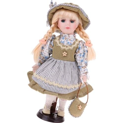 12Inch Porcelain Victorian Doll Standing Girl Dolls with Wooden Stand, for Valentine Gift, for Home Office Desk Table Ornaments