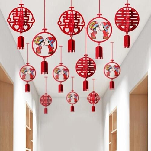 12Pcs Chinese Style Xi Letter 3D Hollow out Cloth Pendant Hanging Wedding Craft Decoration