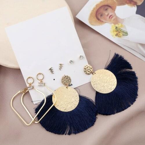 5Pairs/Set Trendy Geometric Square Round Rhinestone Stud Earring For Women Vintage Navy Blue Semicircle Tassel Large Earring Set