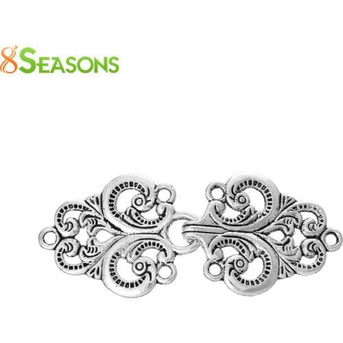 8SEASONS Toggle Clasps Oval Branch Antique Silver-Color Hollow Flower Pattern 6.7cm x 2.8cm, 10 Sets (B34333)