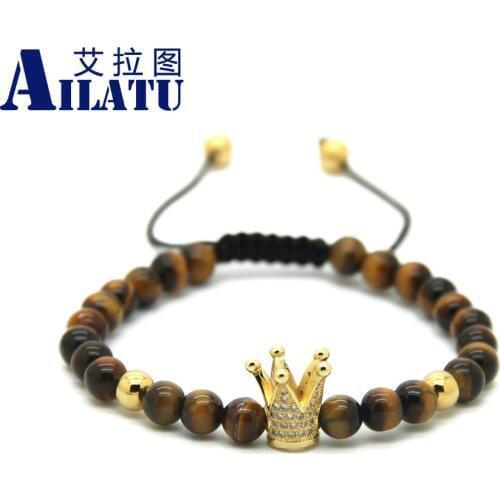 Ailatu High Grade Jewelry 6mm A Grade Natural Tiger Eye Stone Beads Plated Crown European Braided Bracelet Pulseira Hombres