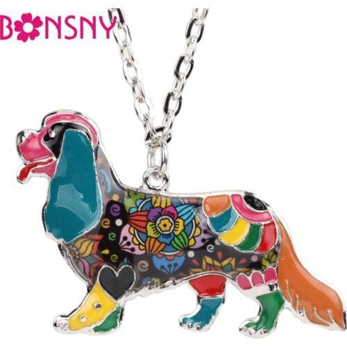 Bonsny Enamel Alloy Cavalier King Charles Spaniel Dog Necklace Pendant Chain Collar Novelty Animal Jewelry For Women Girls Gifts