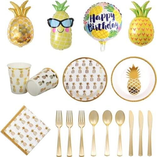 Gold Pineapple Paper Plates Cups Party 100% Virgin Wood Paper Napkin For Wedding Baby Birthday Home Party Decoration Supplies