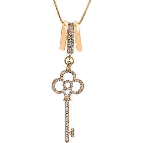 Full Bling Crystal Hollow Ancient Key 3 Loops Silver Plated Golden Metallic Necklace for Women Around 68 cm