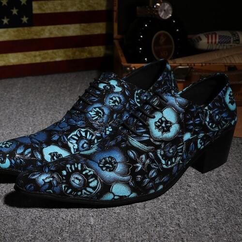 Christia Bella Fashion British Pointed Toe Men Blue Floral Genuine Leather Oxfords Shoes Party Men Formal Brogue Shoes Big Size