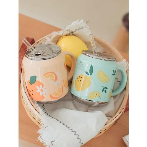Cup Childrens Office Strawberry Mug with Spoon Ceramic Water Cup Lovely Fruit Summer Straw Coffee Cup