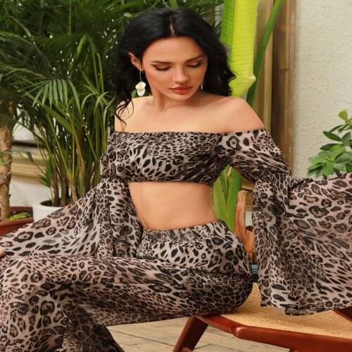 KLEEZY Sexy Leopard Off Shoulder Flared Long Sleeves Crop Top Causal Long Pants High Street Two Piece Sets Summer Women Clothing