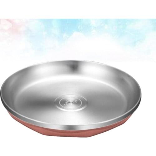 1pc Stainless Steel Round Food Plate Thicken Heat Resistant Household Food Serving Plate (+ Silver Medium Size)