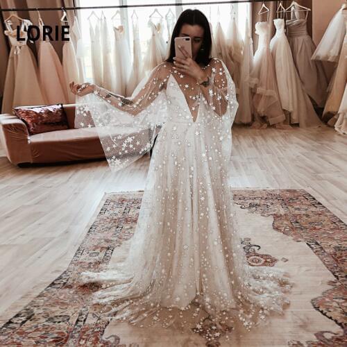LORIE Glittering Star A Line Wedding Dresses Deep V-neck Bride Dresses Beach Boho Wedding Gowns 2020 New Wedding Party Dresses