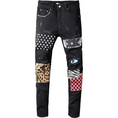 Mcikkny Men Ripped Pleated Jeans Pants Fashion Badge Patchwork Denim Trousers For Male Streetwear