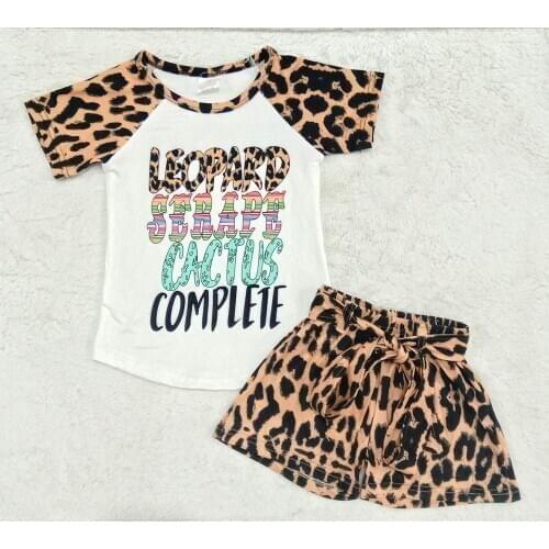 Fashion summer girl outfit letters raglan shirt and leopard shorts set with belt baby girl high quality outfit