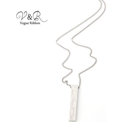 Soft Hammered Surface Rectangle Pendant Necklace, High Polished Surface, Simple Sweater Chain Necklace, Imitation Rhodium Plated