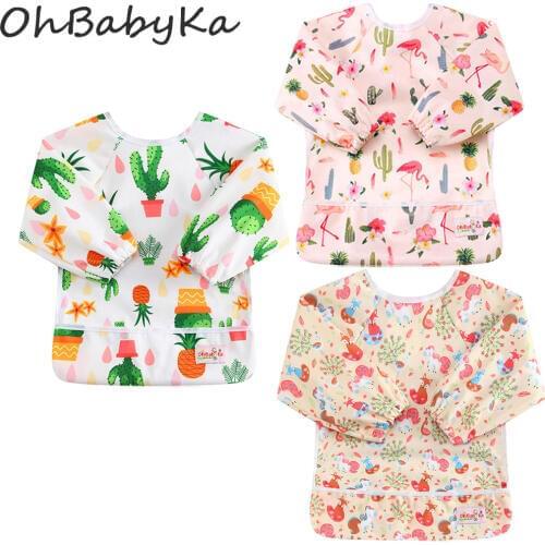 Ohbabyka New Long Sleeve Baby Bibs With Pocket Waterproof Baby Feeding Bibs Cartoon Print Reusable Washable Baby Accessories