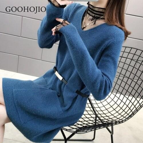 GOOHOJIO 2021 V-neck Long Sleeve Sweater Dress Women Autumn Winter Loose Tunic Knitted Casual Pink Gray Clothes Solid Dresses
