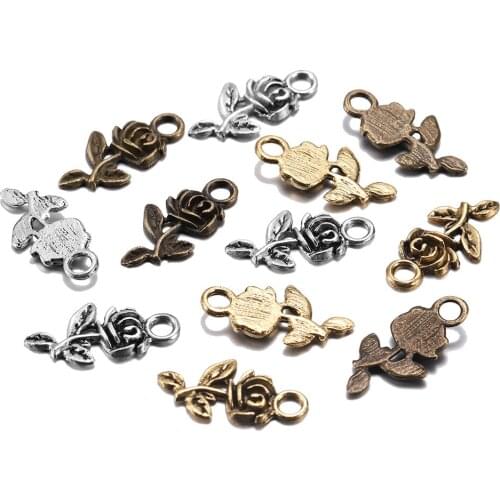 20pcs/lot 20*10 mm 3 Colors Tibetan Antique Gold Pendants Charms Flower Rose For DIY Jewelry Making Findings Supplies wholesale