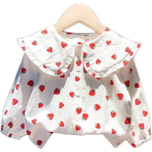 Girls Shirts Spring Baby Girls Breasted Top Autumn New Cute Children Strawberry Printing Shirt Kids Girls Cotton Single Shirt