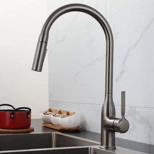 Gun Grey Kitchen Sink Faucets Hot & Cold Solid Brass Rotating Mixer Tap Pull Out Spray Nozzle Single Handle Deck Mounted Black