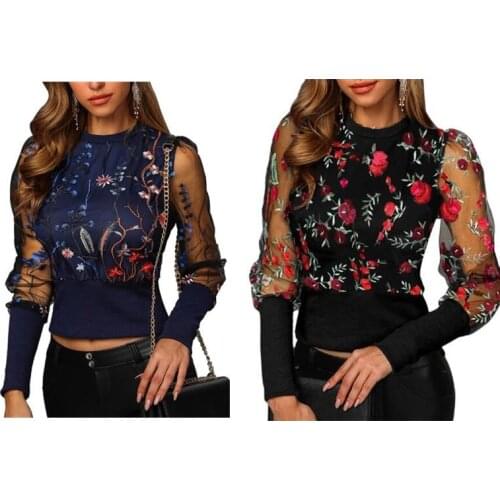 Mesh Womens Blouses Lace Long Sleeve Fashion Elegant Shirt 2020 Summer Spring Female Embroidery Flower Tops Ladies Blouse Tops