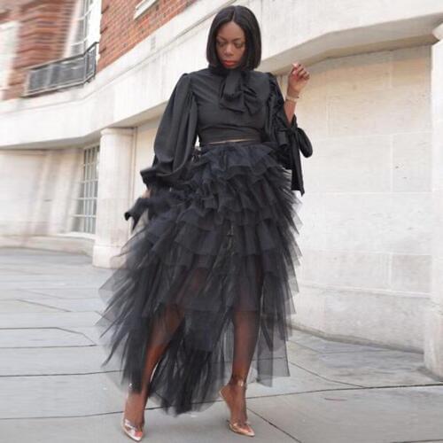 New Black High Low Tiered Tulle Prom Skirt Elastic Waistline Floor Length African Women Long Skirts Saia Longa Faldas Custom
