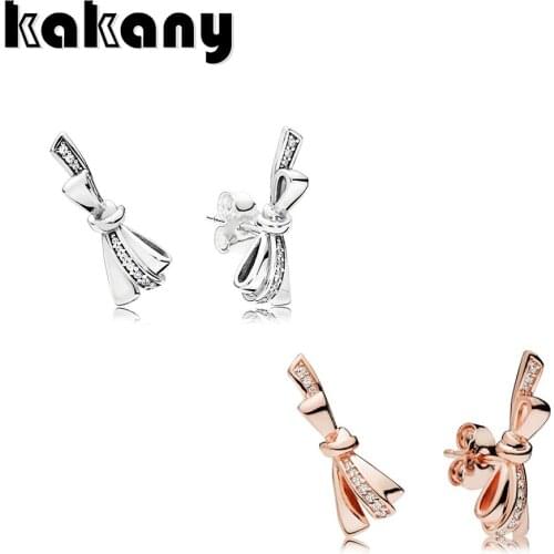 100%925 Sterling Silver Womens Rose Gold Bow Stud Earrings Prom Wedding Original High Quality DIY Fashion Jewelry