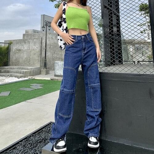 Street Fashion Mid-Seam Splice Jeans Women Indie Aesthetics Mid Waist Straight Pant 2021 Spring Autumn Vintage Y2k Trousers Blue