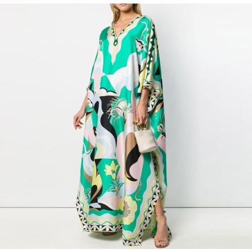 Summer Floral Printed Loose Maxi Dress Women Oversize Elegant 3/4 Sleeve Beach Dresses Autumn V-neck Long Split Dresses Mujer