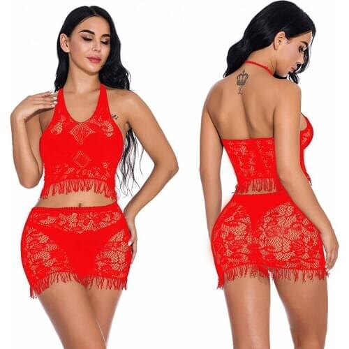 Women Lingerie Sexy Hot Erotic Costumes Mesh Sexy Babydoll Mini Hip Skirt Set Sex Underwear Sexy Tassel Sleepwear HB141