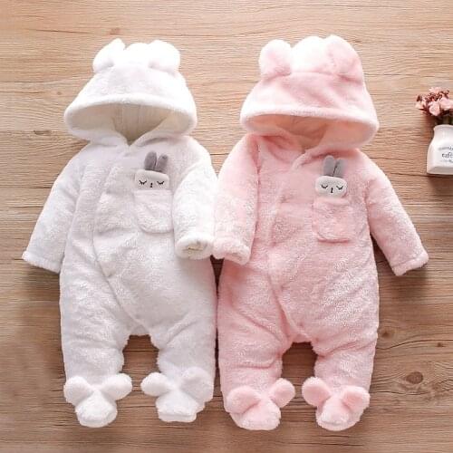 Bear Learder Winter Baby Solid Fleece Rabbit Hooded Rompers Baby Unisex Sweet Rompers Clothes Thicken Warm Newborn Baby Clothes