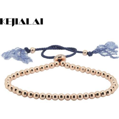 2016 Fashion Bangle Couple Jewelry Women Beads Macrame Bracelet 4mm Rose Beads Blue Rope Adjustable Size Pulseira