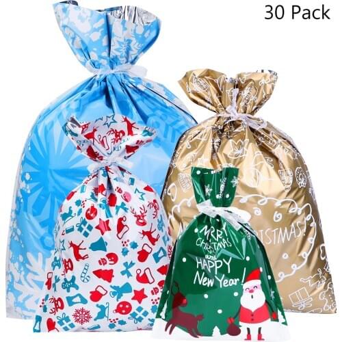 30pcs Christmas Gift Bags Cute Drawstring Assorted Styles Goody Bags Gift Wrapping Party Favors For Christmas Holiday Candy Bag
