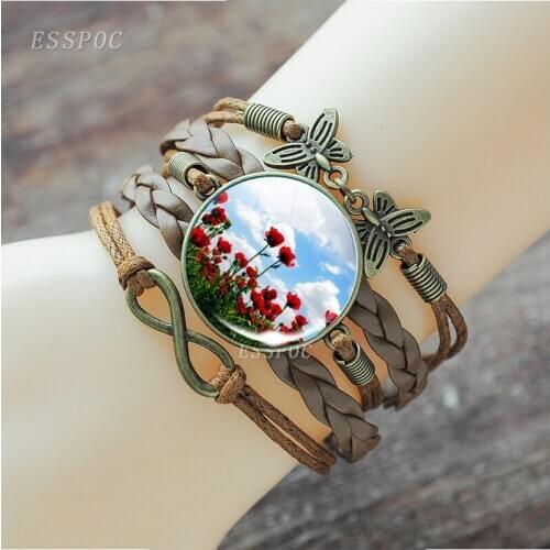 Poppy Jewelry Poppies Flowers Bracelet Handmade Vintage Brown Leather Charm Flower Bracelets