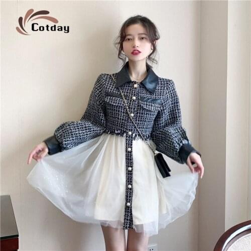 Cotday A-line Patchowrk Mesh Loose England Turn Down Neck Puff Sleeve Single Breasted Button Fairy Mini Short Women Dress
