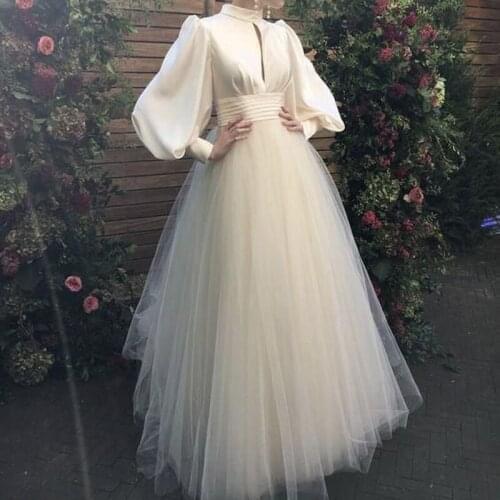 2021 Elegant Homecoming Dresses High Neck Puff Long Sleeves Satin Tulle Ball Gown Floor Length Women Graduation Party Prom Gowns