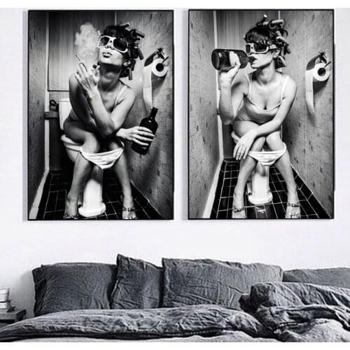Smoke Beer Cool Girl On The Toilet Canvas Painting Modern Creative Posters and Prints Wall Art Black White Pictures for Lavatory
