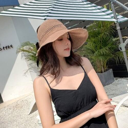 Women Summer Woven Mesh Sun Visor Cap Sweet Bowknot Open Top Roll-Up Packable Wide Brim Travel UV Protection Beach Hat