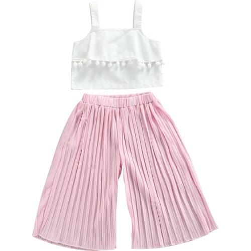 2Pcs Little Girls Outfit Sweet Style Solid Color Plush Ball Decoration Sleeveless Suspender Top + Ruched Wide Leg Pants Set 1-5T