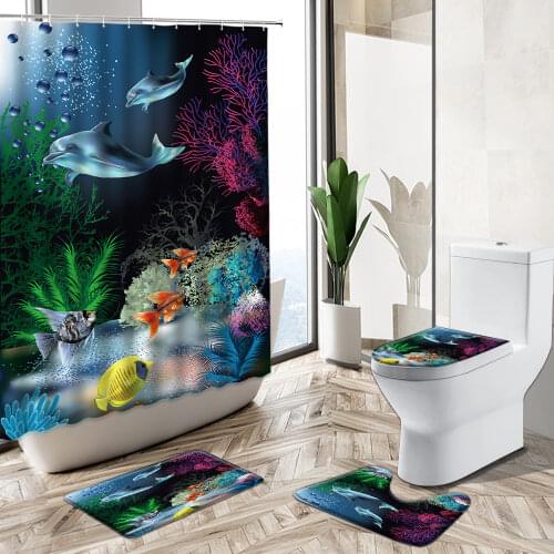 3D Ocean Design Dolphin Waterproof Fabric Bathroom Shower Curtain Set Animal Whale Non-Slip Pedestal Rug Toilet Cover Home Deco