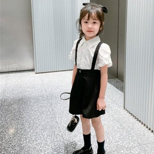 Girls Clothing Sets Embroidery Fly Sleeve Cotton Shirt+Casual Loose Overall Pant Preppy Style Summer Childrens Set For 2-7Years