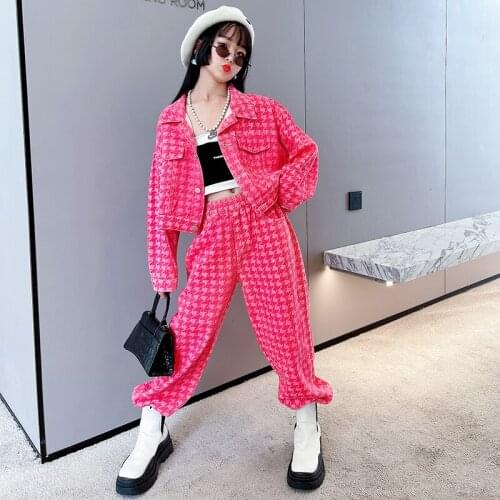 Pink Kids Houndstooth Jackets Sets for Girls Clothing Plaid Coats Pants 2Pcs Outfits Fashion Autumn Childrens Clothes Outerwear