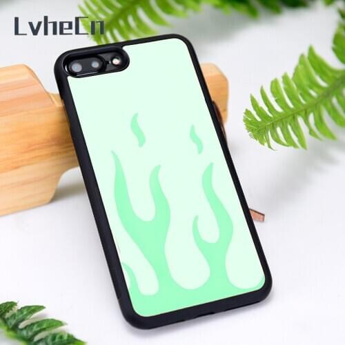 LvheCn Silicone Rubber Phone Case Cover for iPhone 6 6S 7 8 Plus X XS XR 11 12 Mini Pro Max Green flames wallpaper