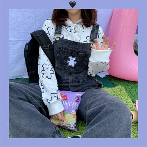 Vintage Style Cute Womens Suspender Straps Jumpsuit Straight Trousers Lovely Bear Embroidery Overall Student Girl Loose Pants