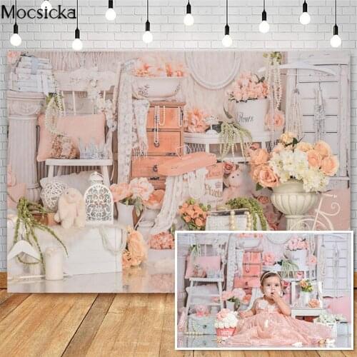 Mocsicka Pink Princess Bedroom Cake Smash Photography Backdrops Girls First Birthday Photo Props Studio Booth Background