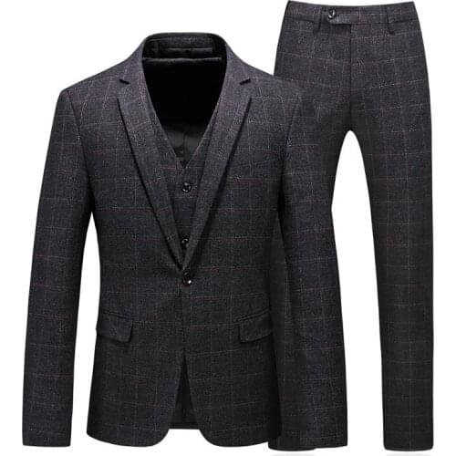 Mens Suits & Blazers (Jacket+Vest+Pants) 2021 Style Wedding Casual Grey Plaid Male High Quality Suit Business Party Men Prom