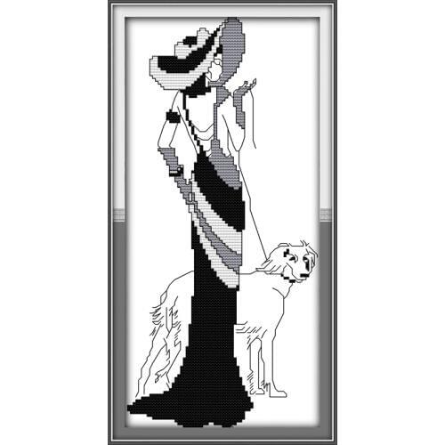 Fashion women dog cross stitch kit people 18ct 14ct 11ct count print canvas stitches embroidery DIY handmade needlework plus