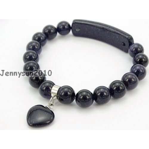 Natural Blue Sand Gems Stone Heart Bar Round Beads Stretchy Bracelet Healing Reiki Chakra 5Strands / Pack